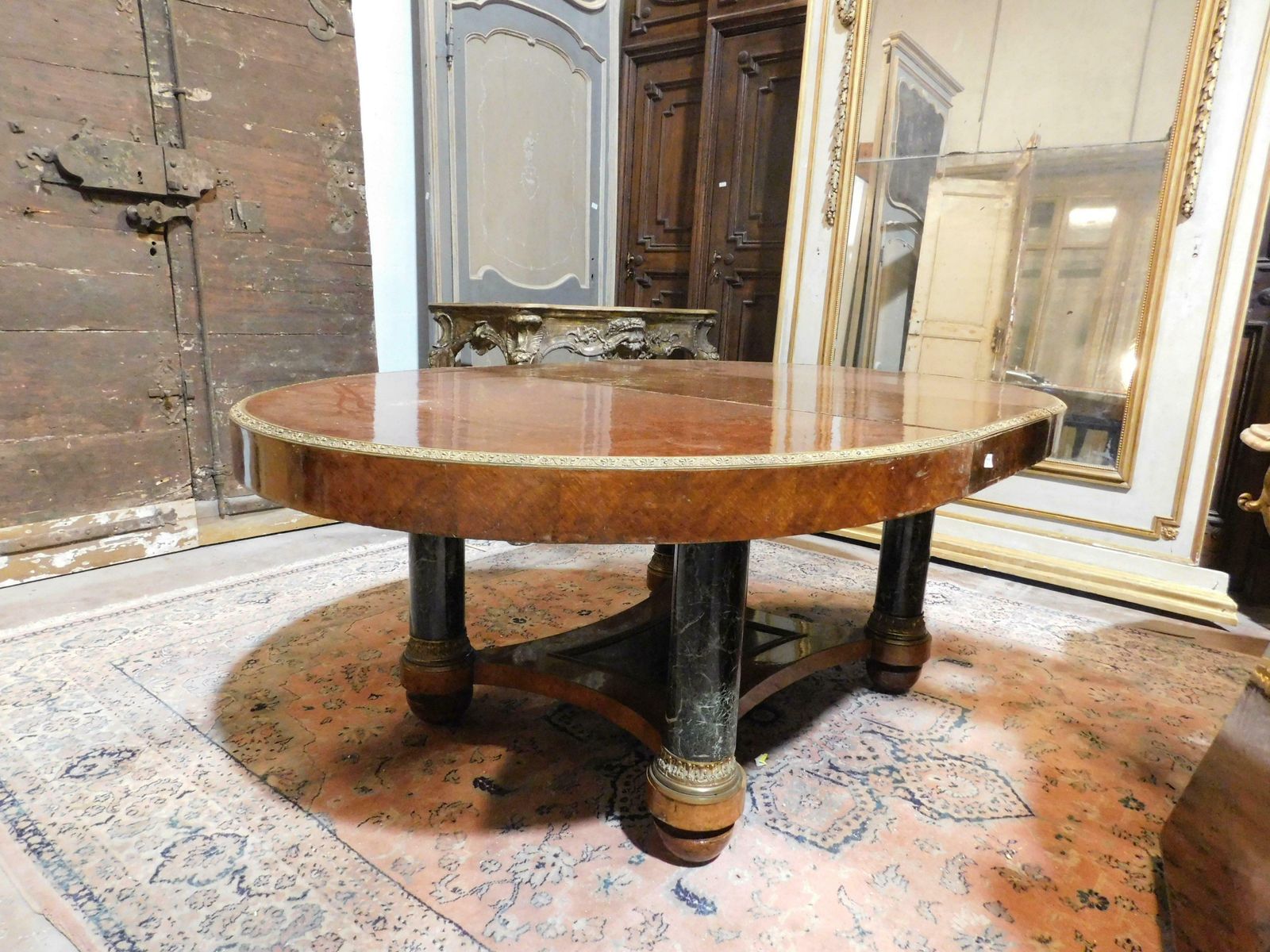 Oval Table In Inlaid Wood, Lacquered Legs In Imitation Verde Alpi Marble, Italy photo for sale