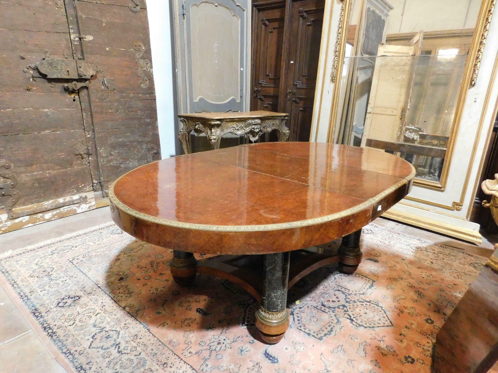 Oval Table In Inlaid Wood, Lacquered Legs In Imitation Verde Alpi Marble, Italy photo Furniture