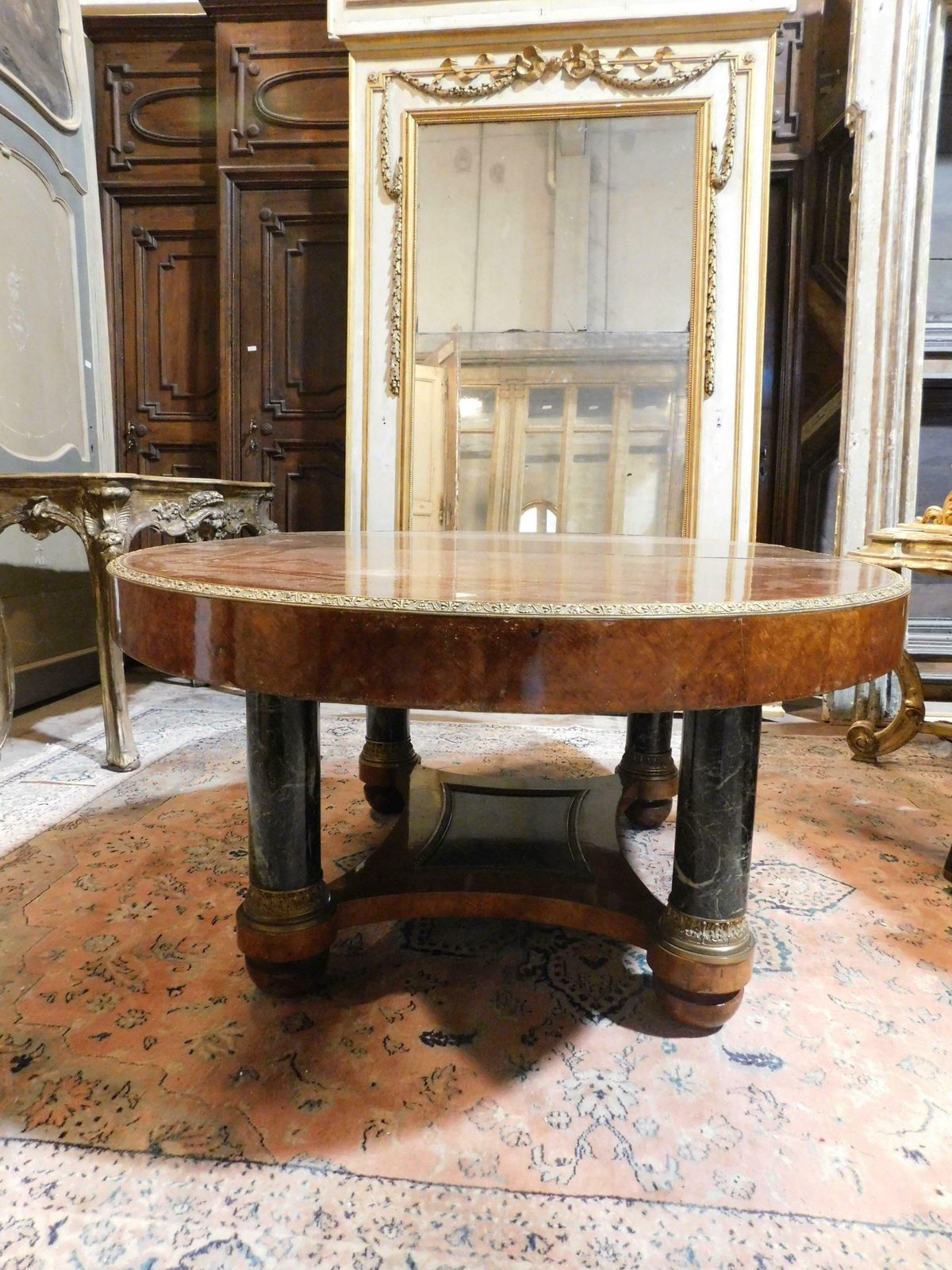 Oval Table In Inlaid Wood, Lacquered Legs In Imitation Verde Alpi Marble, Italy photo buy