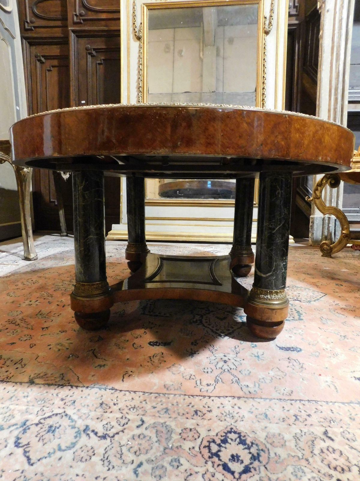 photo furniture Oval Table In Inlaid Wood, Lacquered Legs In Imitation Verde Alpi Marble, Italy