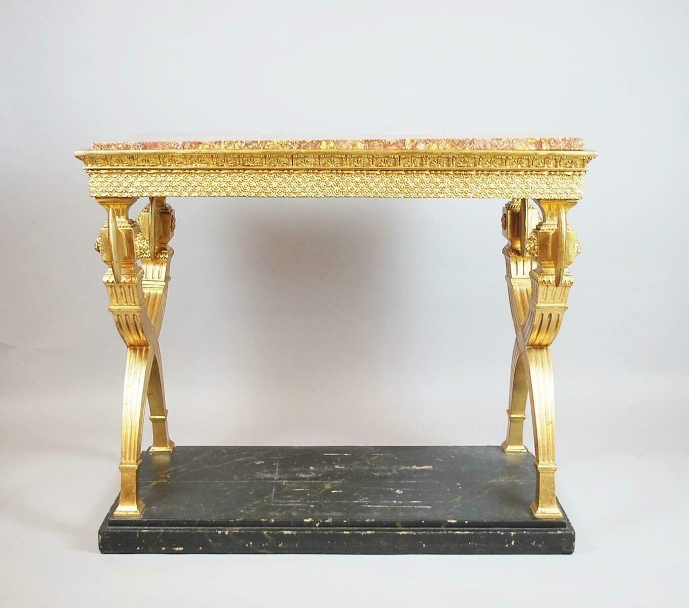 Console In Golden Wood, Marble, Sweden, Circa 1800 photo vintage