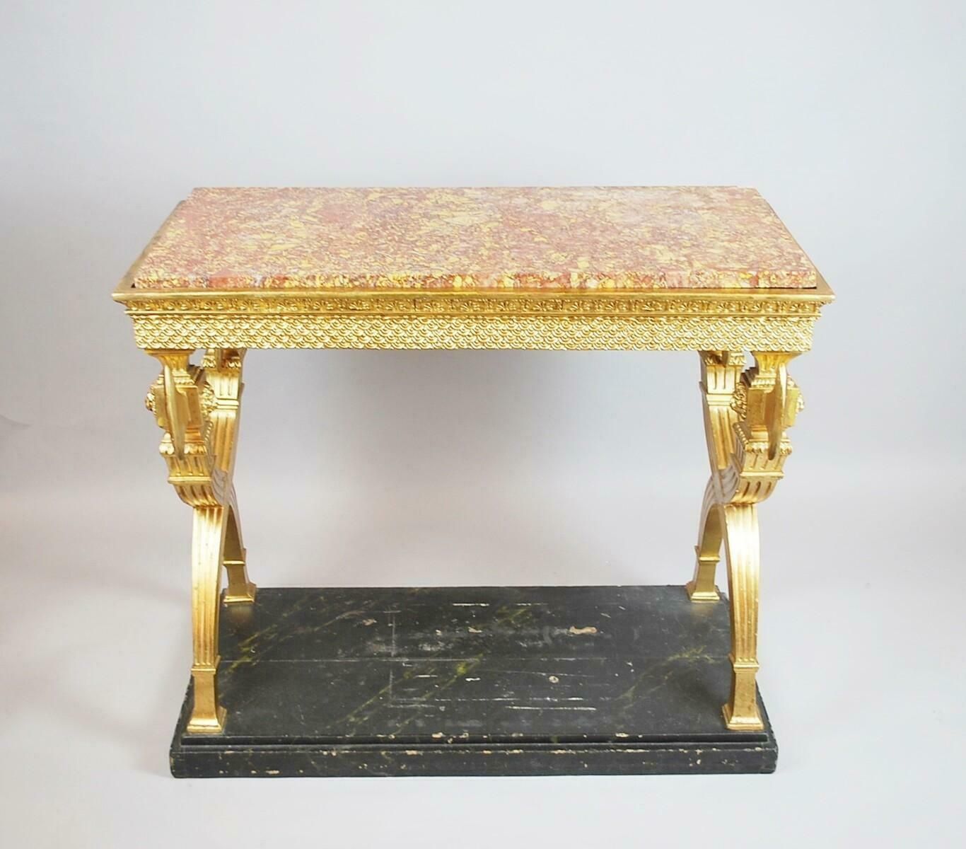 photo furniture Console In Golden Wood, Marble, Sweden, Circa 1800