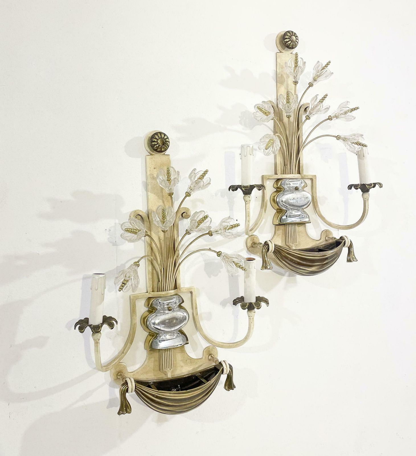 Pair Of Silver Wrought Iron And Glass Wall Lights By Banci , Italy, 1940s photo for sale