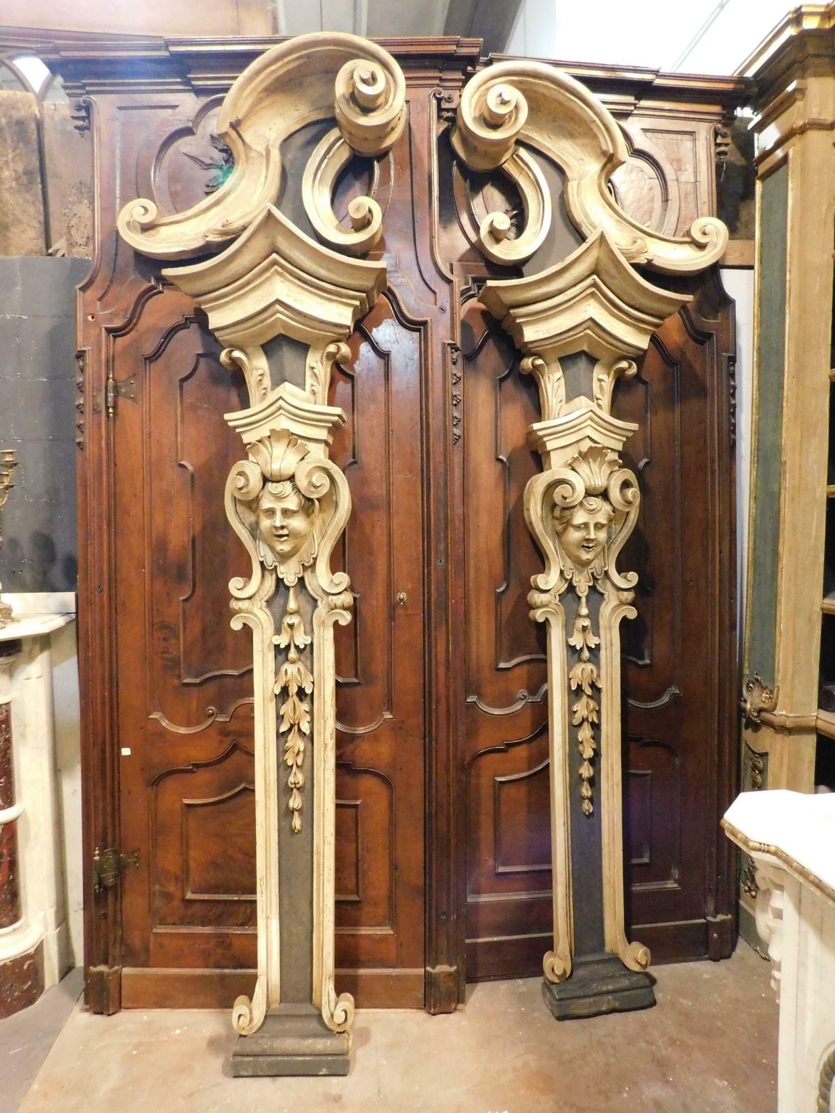 Pair Of Carved Column Pilasters, Richly Carved And Lacquered, Italy photo for sale