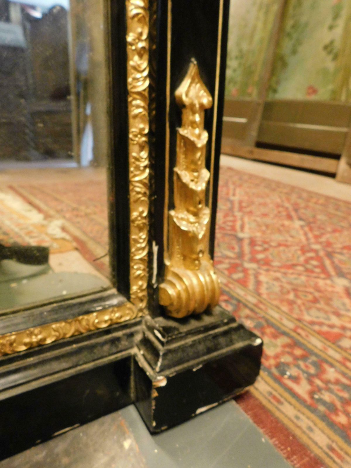 Home Decor Mirror In Black Lacquered Wood, With Rich Golden Sculptures, Italy photo