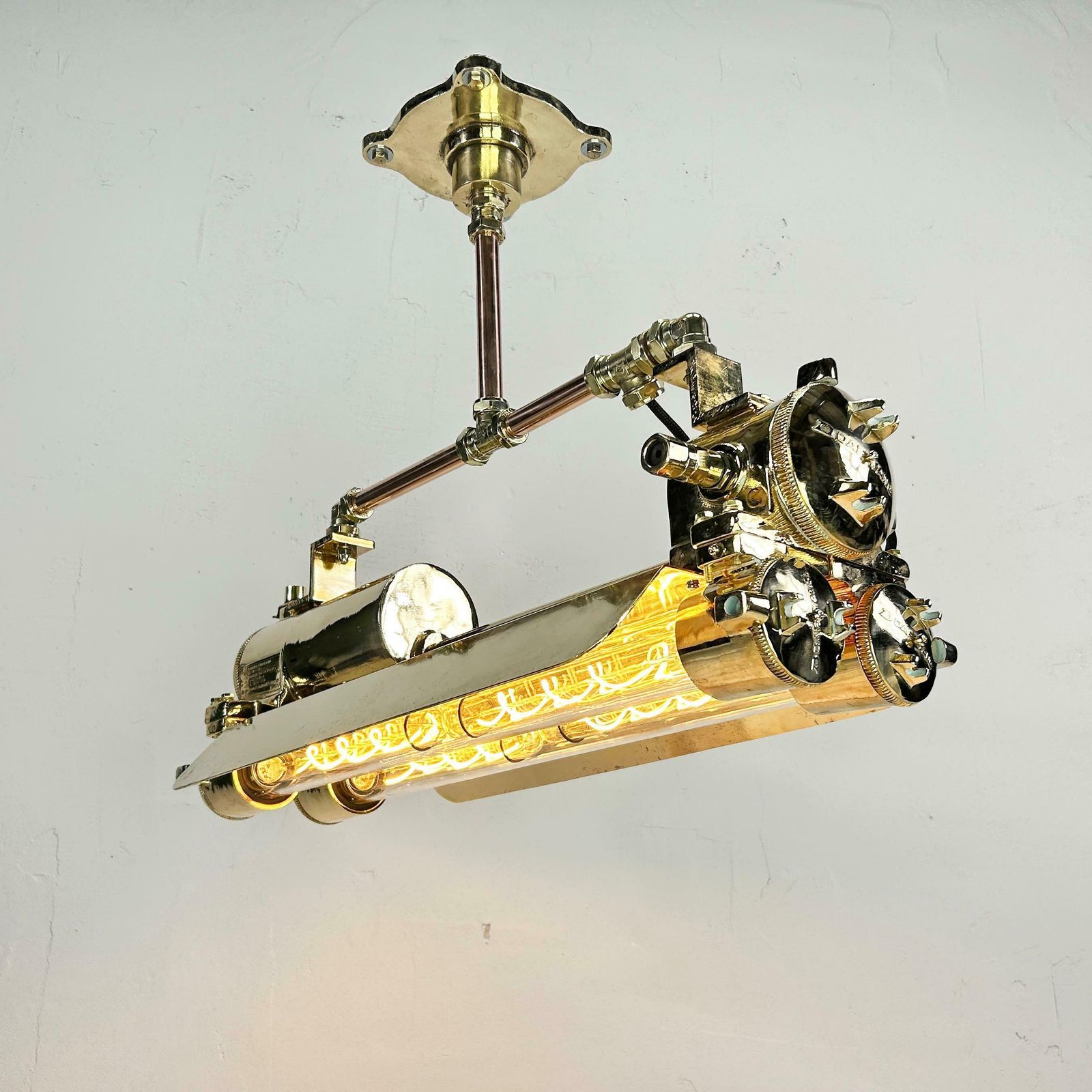 1970s Industrial Brass & Glass Flameproof Tube Light With Shades & Edison Lamps