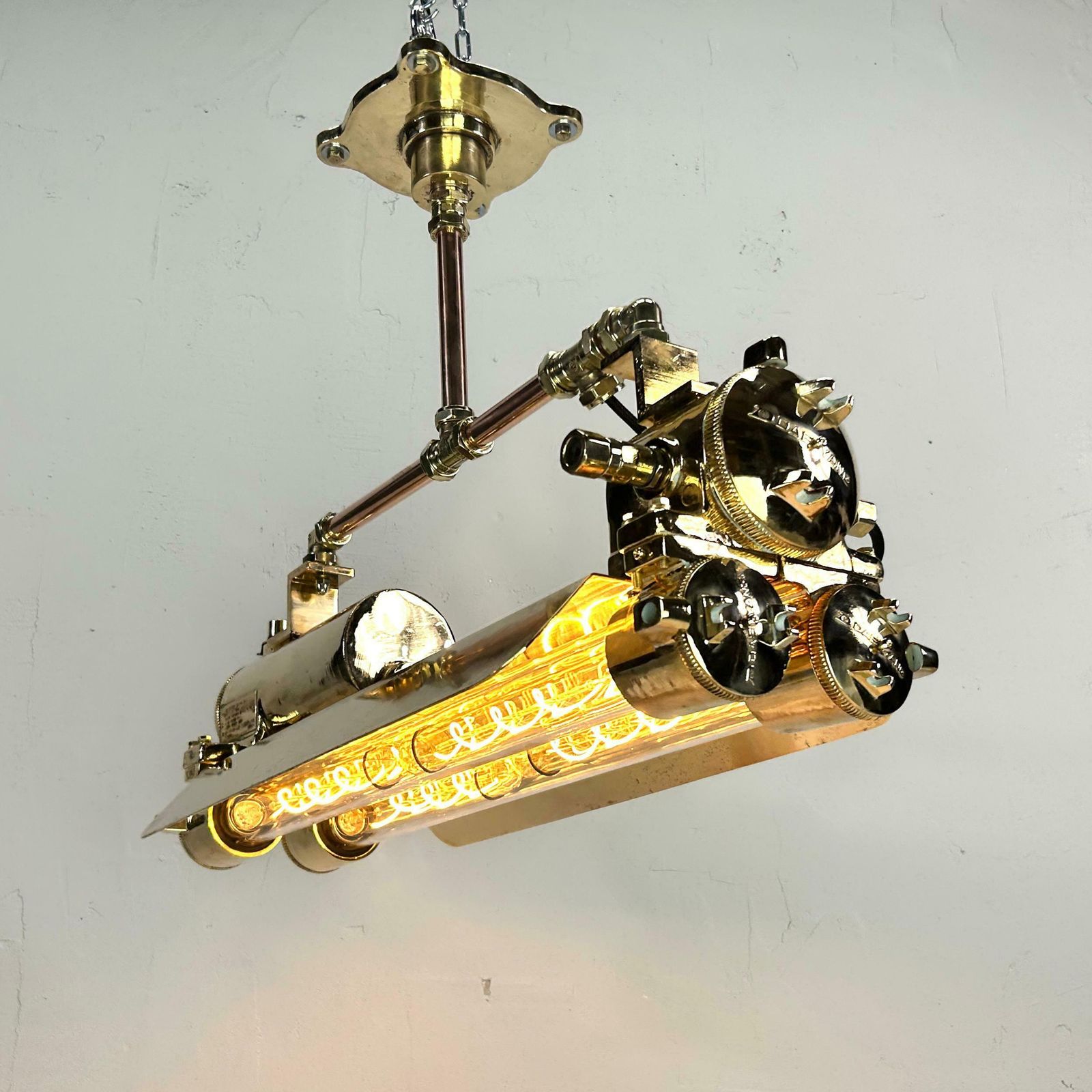 1970s Industrial Brass & Glass Flameproof Tube Light With Shades & Edison Lamps photo vintage