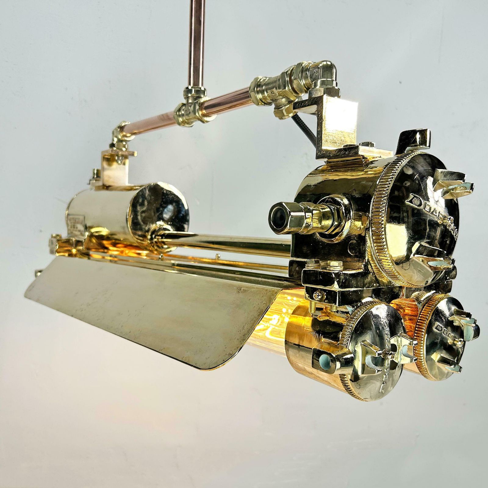 Lighting 1970s Industrial Brass & Glass Flameproof Tube Light With Shades & Edison Lamps photo