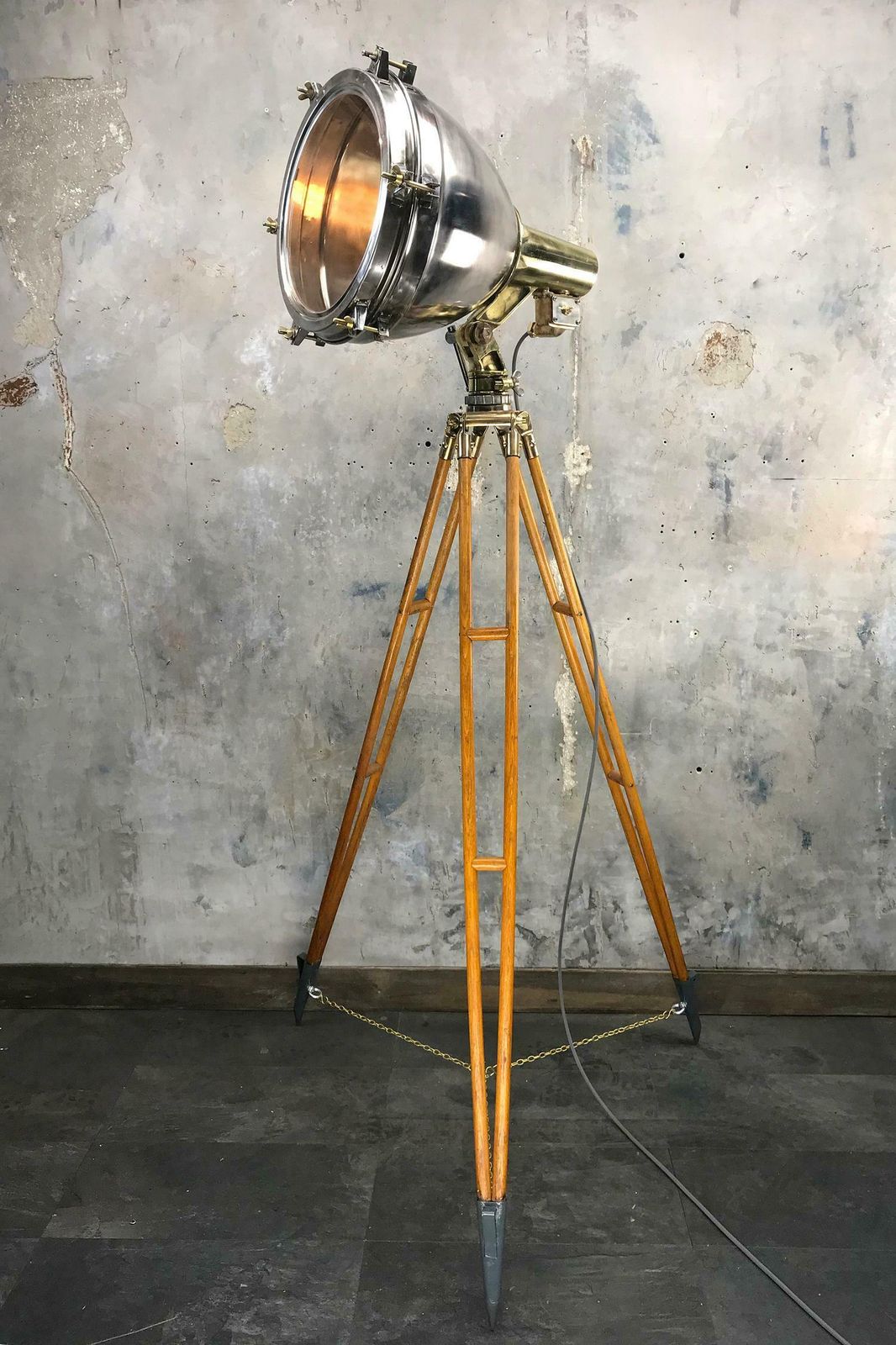 1970s Japanese Industrial Brass, Bronze And Stainless Steel Search Light Tripod photo furniture
