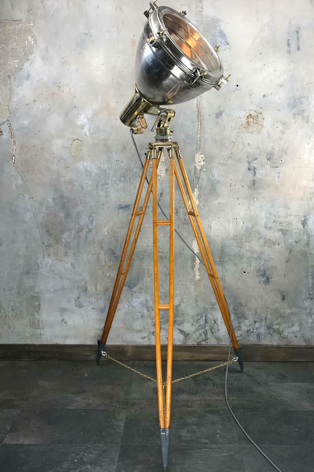 1970s Japanese Industrial Brass, Bronze And Stainless Steel Search Light Tripod photo buy