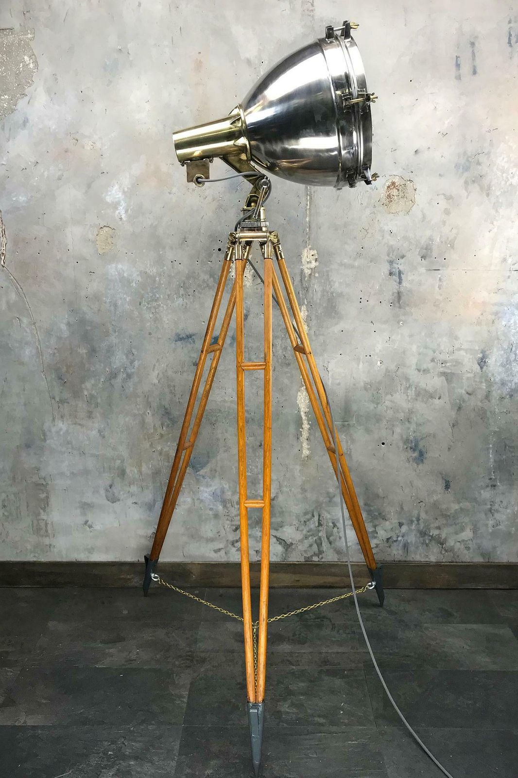 1970s Japanese Industrial Brass, Bronze And Stainless Steel Search Light Tripod photo vintage