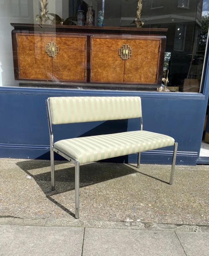 Chrome Bench Green Stripped 1970s Italian Hollywood Regency Mint Green photo vintage