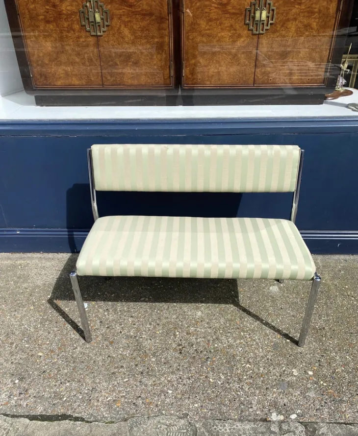 Furniture Chrome Bench Green Stripped 1970s Italian Hollywood Regency Mint Green photo