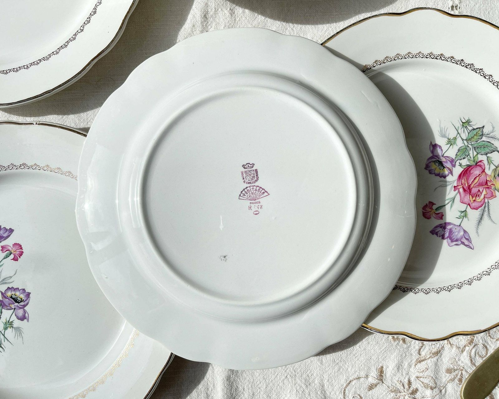 5 Digoin & Sarreguemines Porcelain Dinner Plates Rene Model Made In France 1950   Vintage French Tableware   Flower Plates photo vinterior