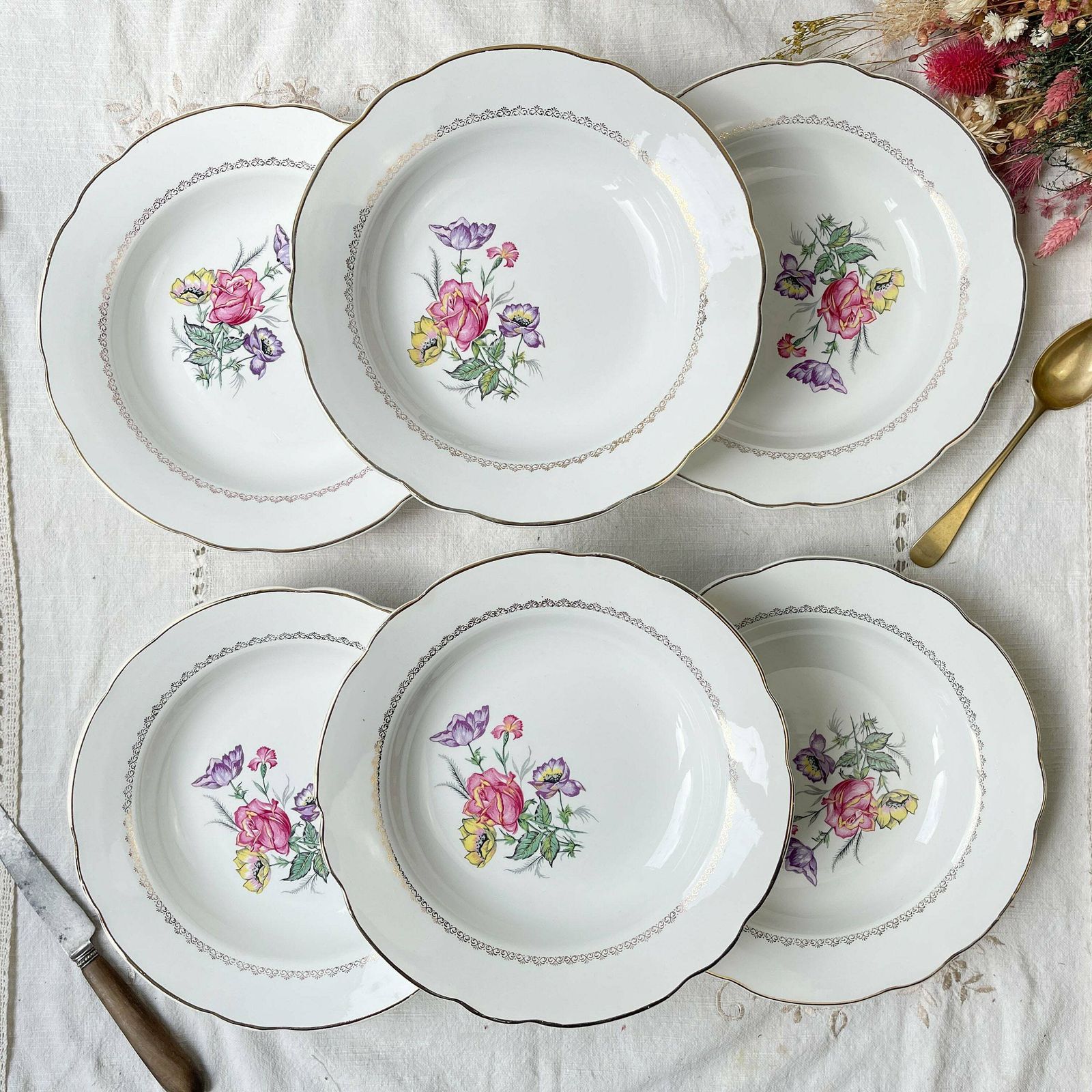 6 Digoin & Sarreguemines Porcelain Soup Plates Rene Model Made In France 1950   Vintage French Tableware   Flower Plates