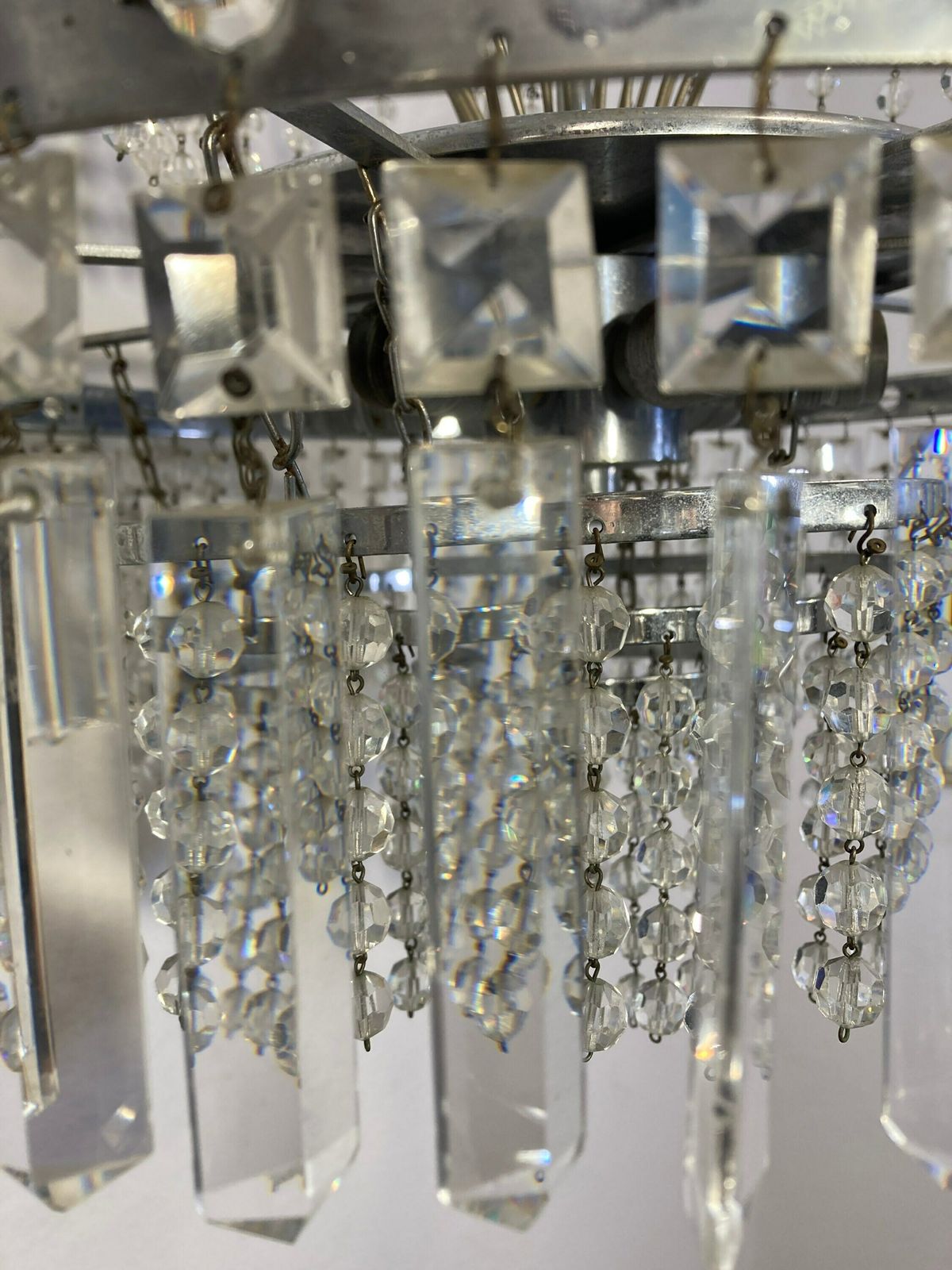 photo for sale Antique Vintage Chrome & Crystals Empire Chandelier Ceiling Light Pendant Lighting Glass Lamp From 1970's