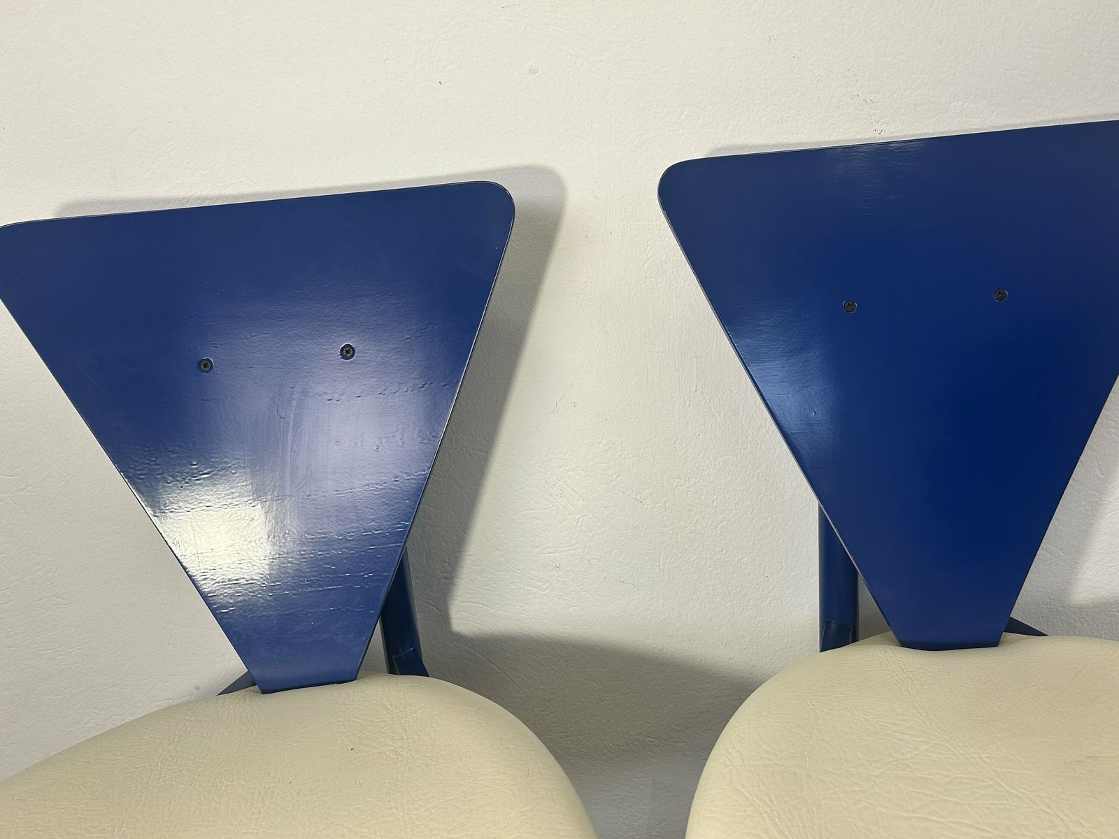 Pair Of 2 1980s Mid Century Modern Perforated Triangle Shape Italian Side Chairs / Blue Chair / Blue Wood Retro Memphis Style Chair photo for sale