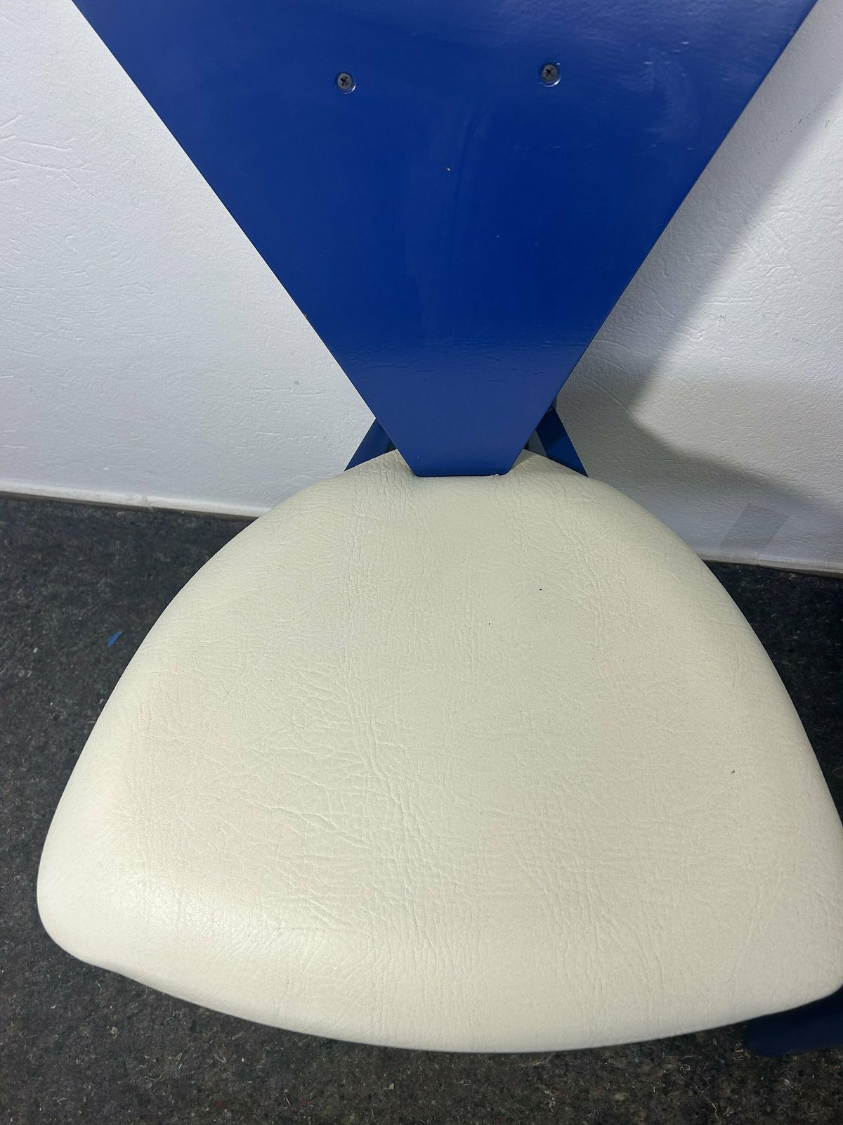 Pair Of 2 1980s Mid Century Modern Perforated Triangle Shape Italian Side Chairs / Blue Chair / Blue Wood Retro Memphis Style Chair photo Furniture