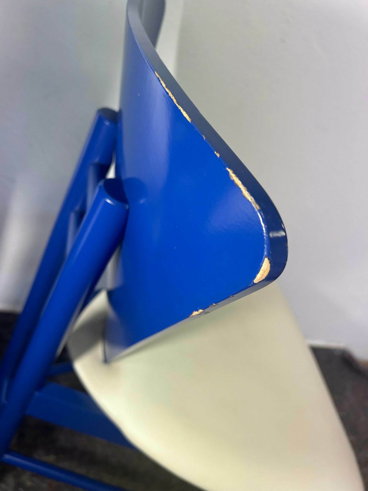 Pair Of 2 1980s Mid Century Modern Perforated Triangle Shape Italian Side Chairs / Blue Chair / Blue Wood Retro Memphis Style Chair photo buy