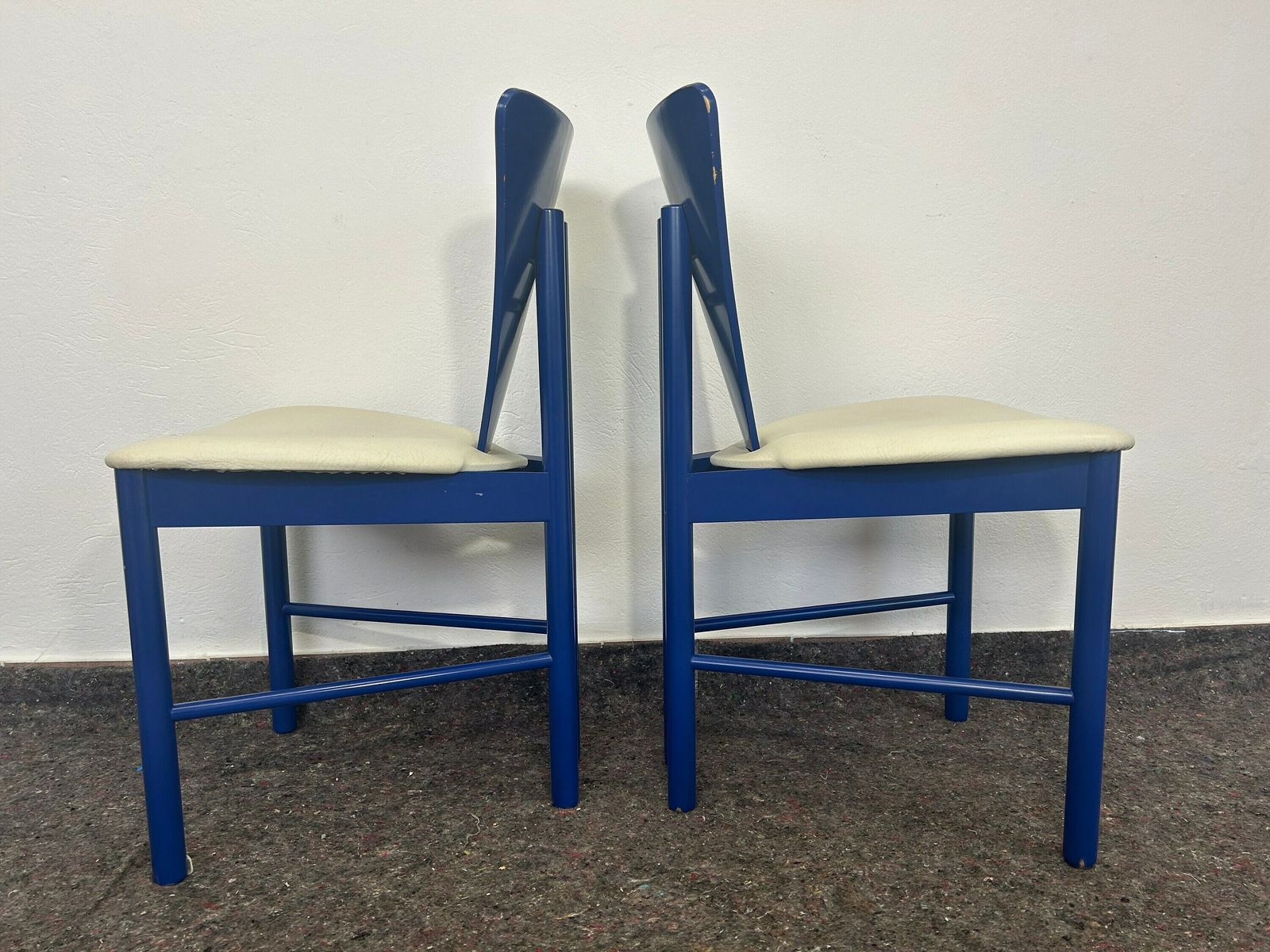 photo for sale Pair Of 2 1980s Mid Century Modern Perforated Triangle Shape Italian Side Chairs / Blue Chair / Blue Wood Retro Memphis Style Chair