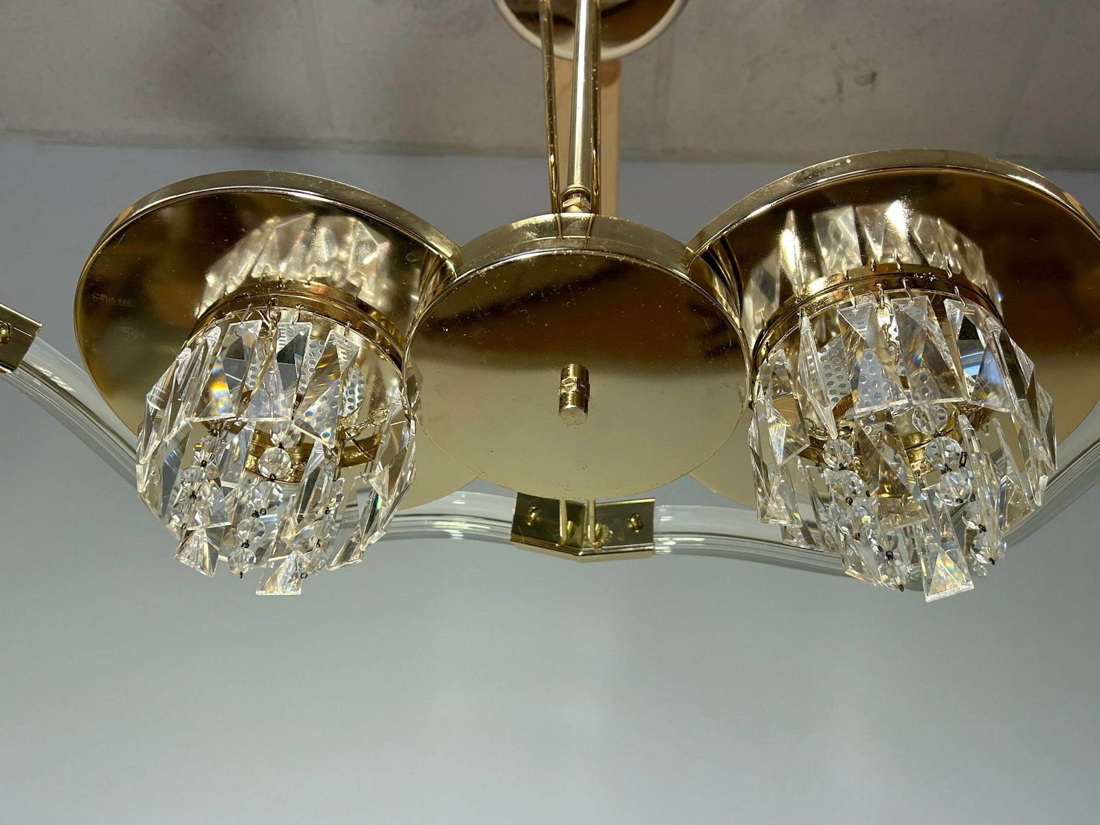 Vintage Gold Metal & Crystals Joska Germany Chandelier Ceiling Light / Pendant Lighting Glass Lamp From 1980’s photo vinterior