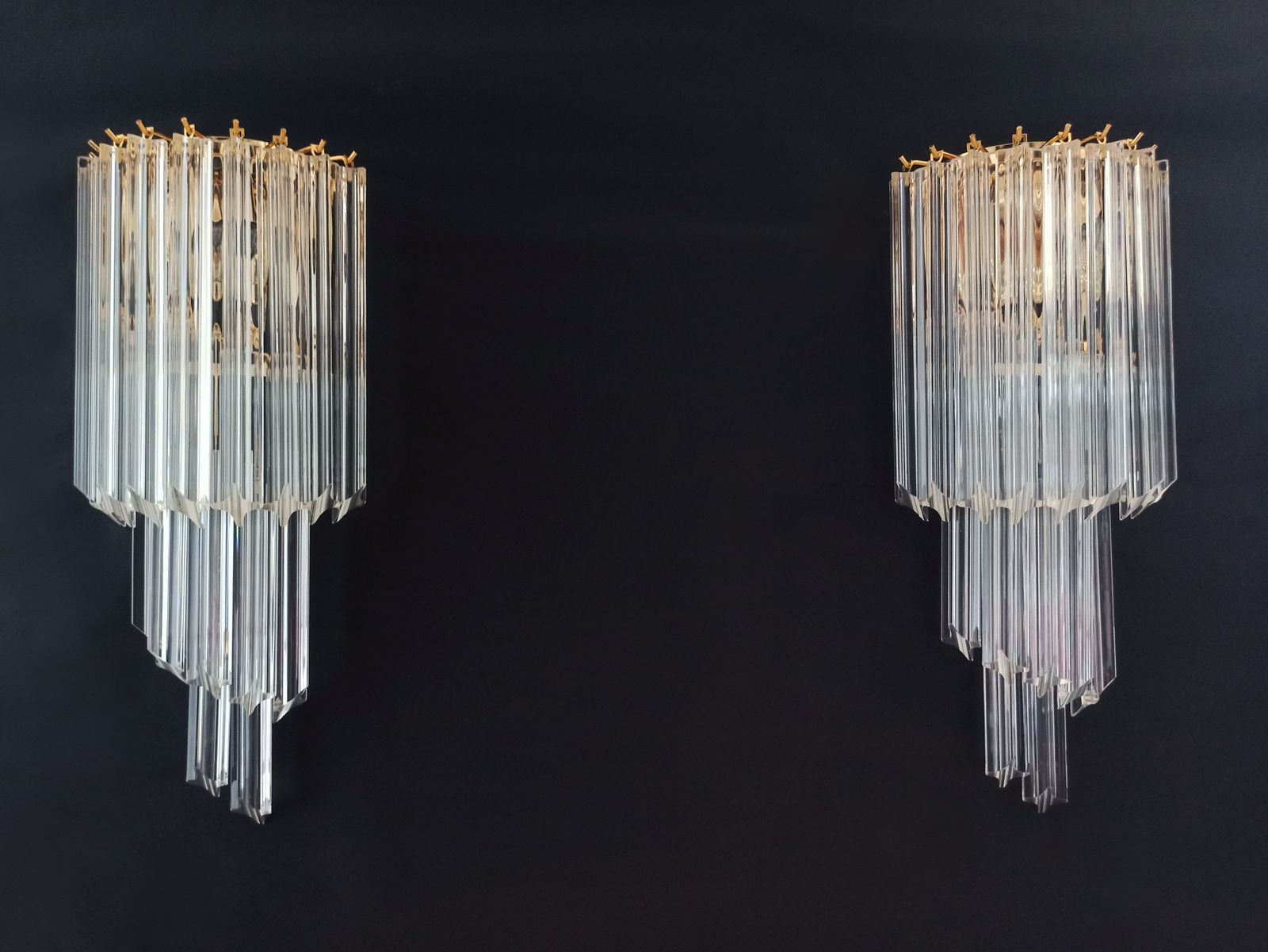 Pair Of Vintage Murano Wall Sconce – 16 Quadriedri Trasparent Prism   Golden Frame photo buy