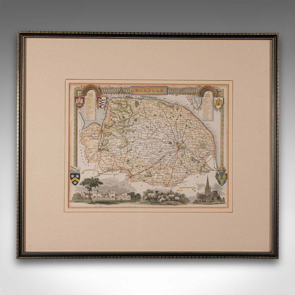 Antique County Map, Norfolk, English, Framed Lithography, Cartography, Victorian photo furniture