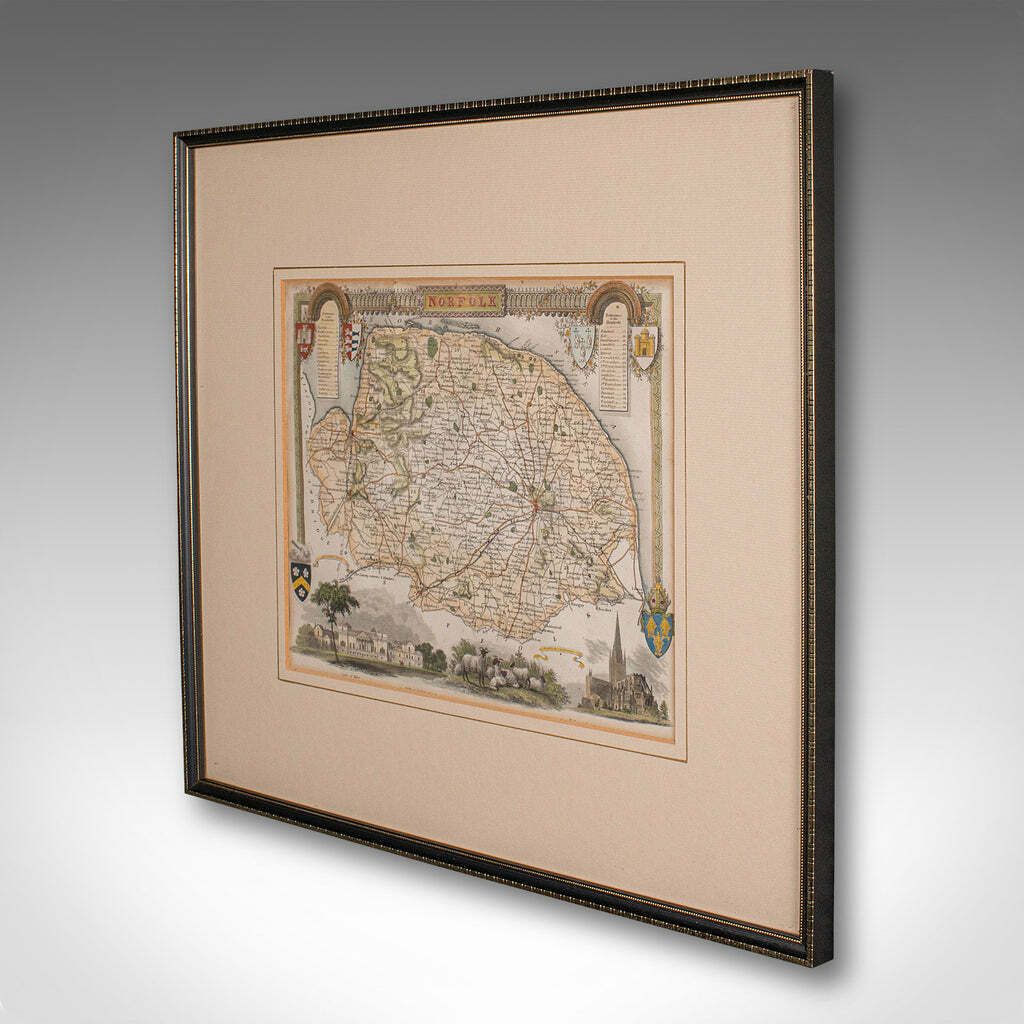 Antique County Map, Norfolk, English, Framed Lithography, Cartography, Victorian photo for sale