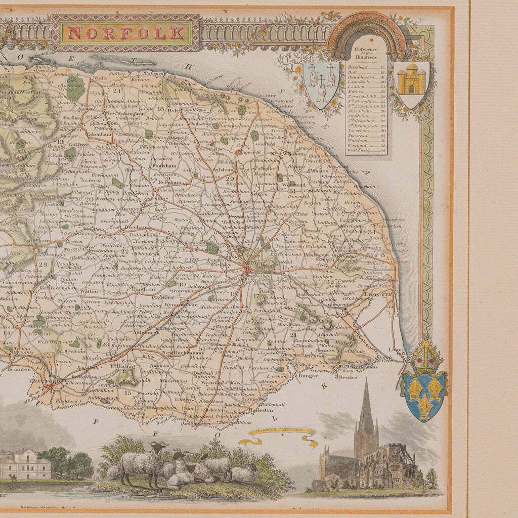 Antique County Map, Norfolk, English, Framed Lithography, Cartography, Victorian photo vinterior