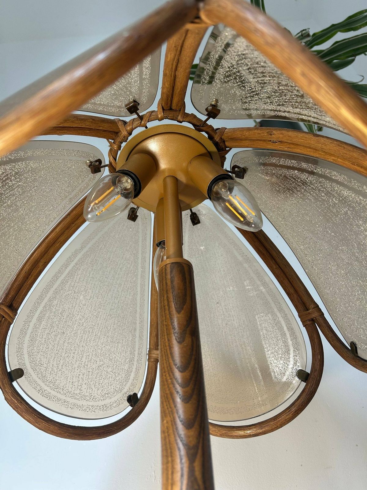 Floral Tinted Glass Table Lamp, Mid Century Modern, Vintage Wooden Flower Lamp, Hollywood Regency Style Desk Lamp photo furniture