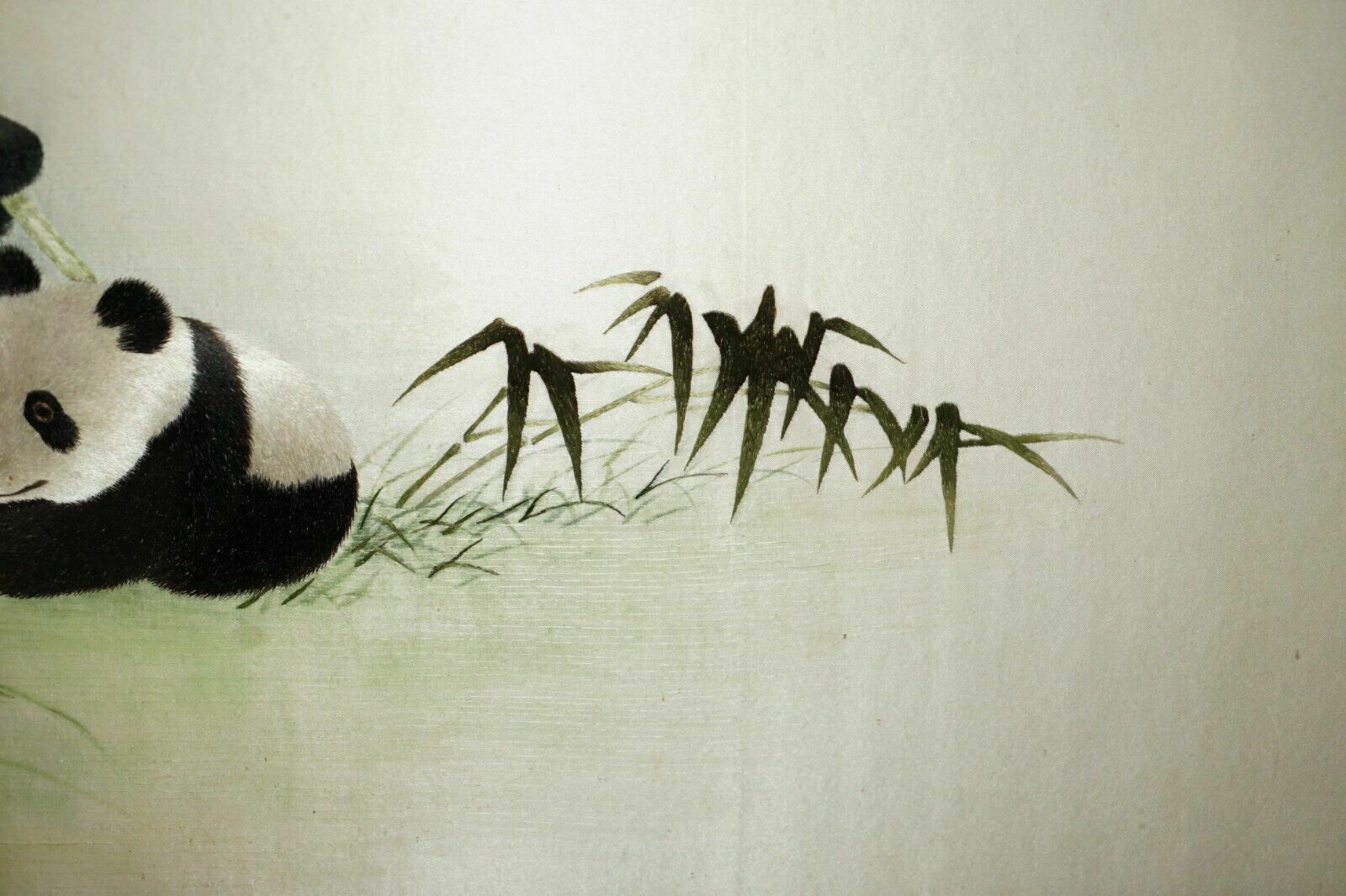 Vintage Chinese Silk Embroidered Tapestry Depicting Pandas Having Fun In Forest photo vinterior