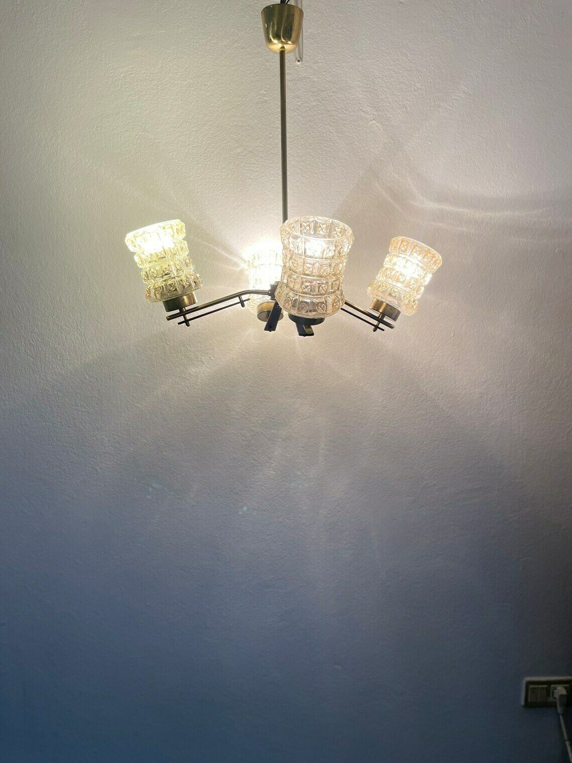 Mid Century 4 Arm Atomic Brass Wood Glass Pendant Lamp Vintage Lamp  Space Age Lamp  Made In Yugoslavia photo vintage