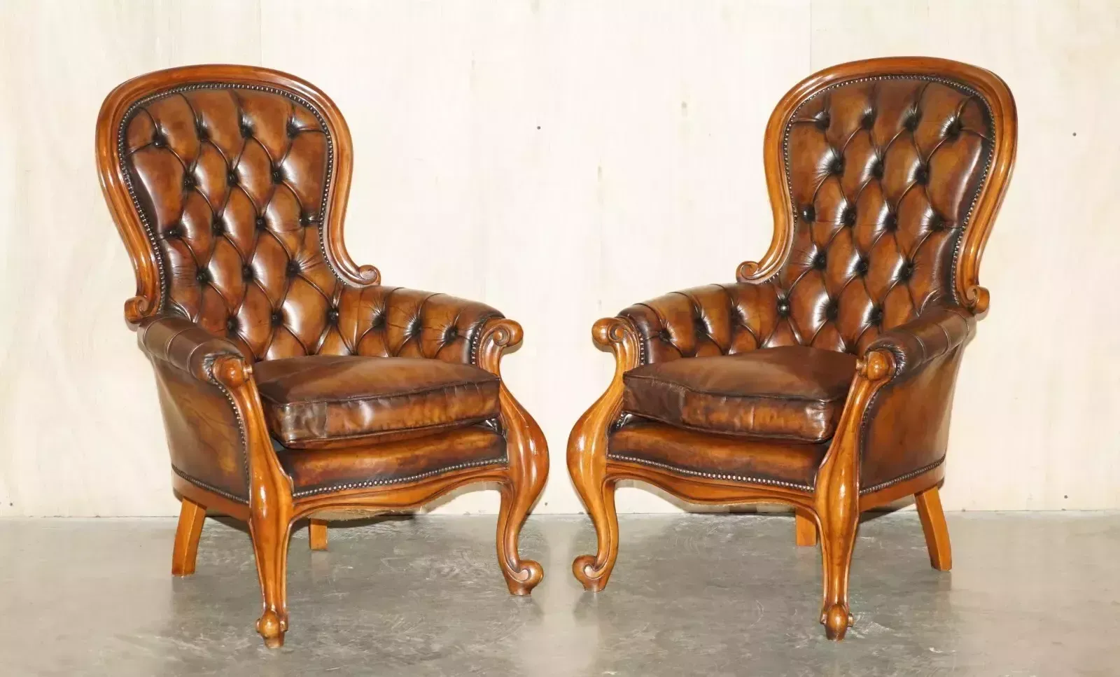 Pair Of Antique Show Framed Victorian Chesterfield Brown Leather Armchairs