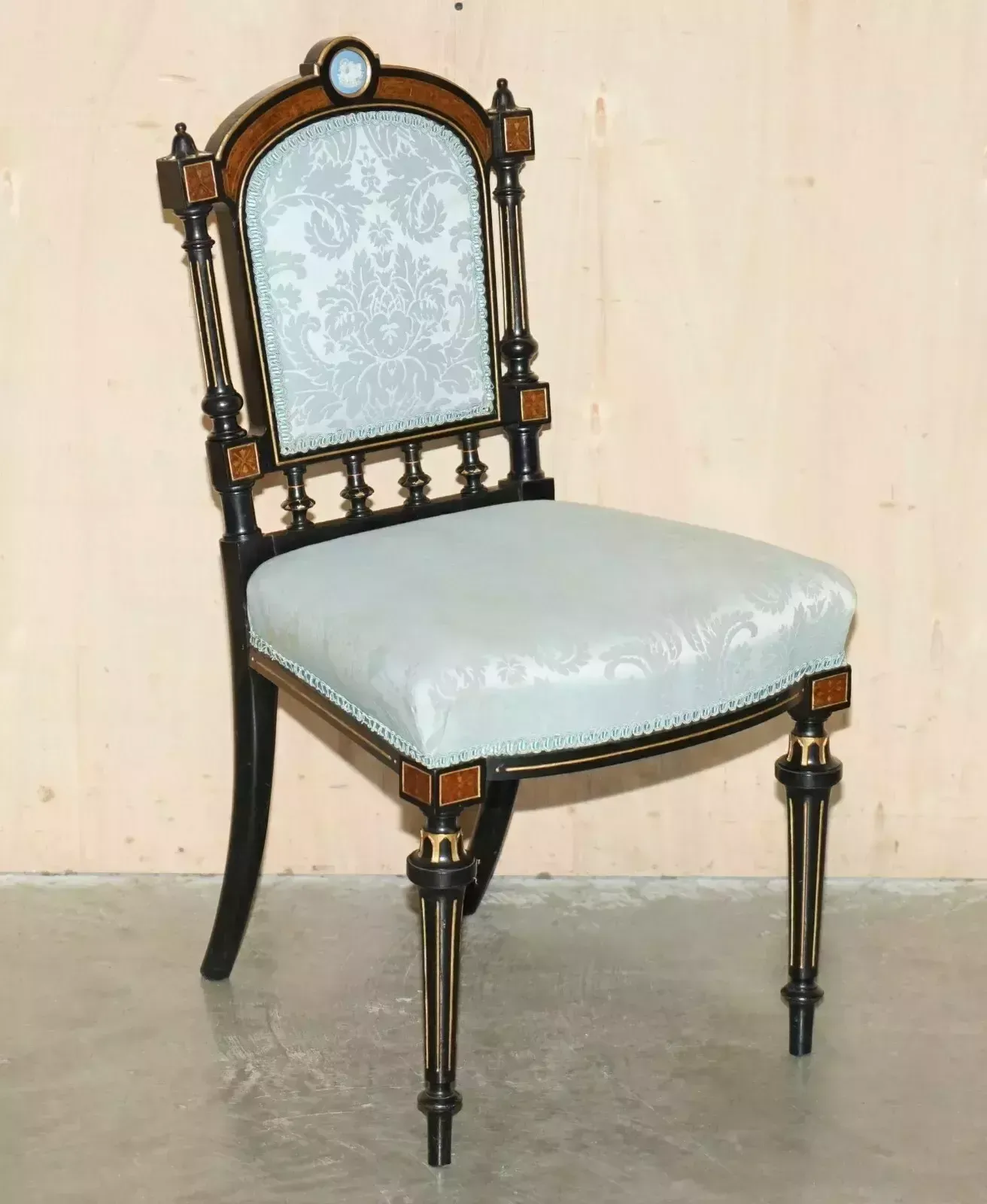 Four Fine Burr Walnut Aesthetic Movement Dining Chairs With Grand Tour Plaques photo furniture