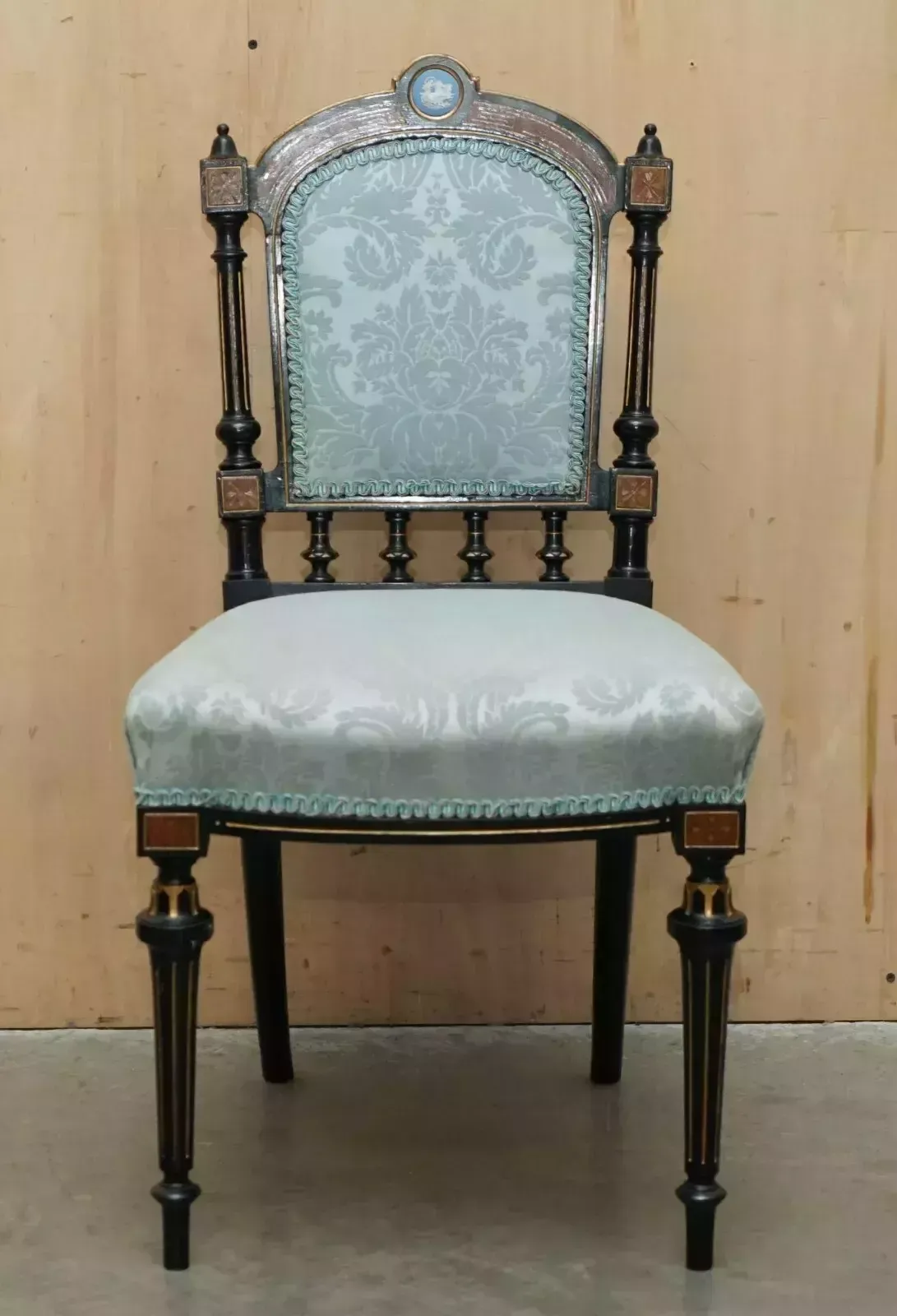 Four Fine Burr Walnut Aesthetic Movement Dining Chairs With Grand Tour Plaques photo for sale