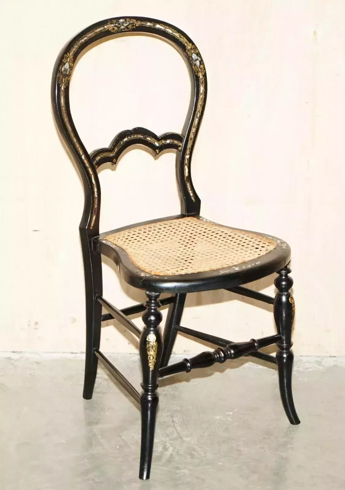 Four Fine And Antique Regency Bergere Mother Of Pearl Ebonised Side Chairs photo furniture