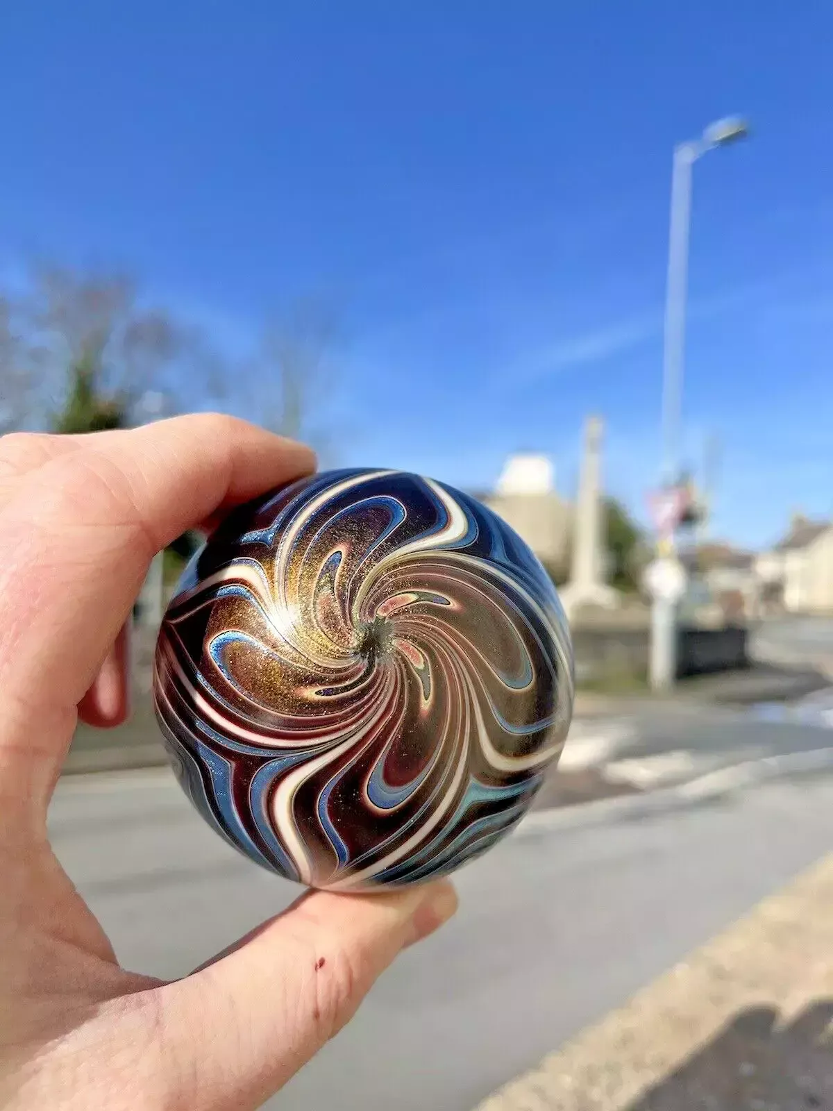 C1981 Iridescent Okra Spinarette Swirl Studio Glass Paperweight Richard Golding photo 125.0