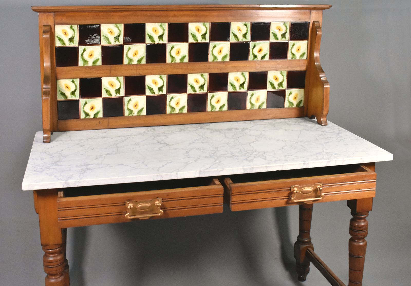 English Edwardian Tile Back Marble Top Washstand In Birch photo vintage