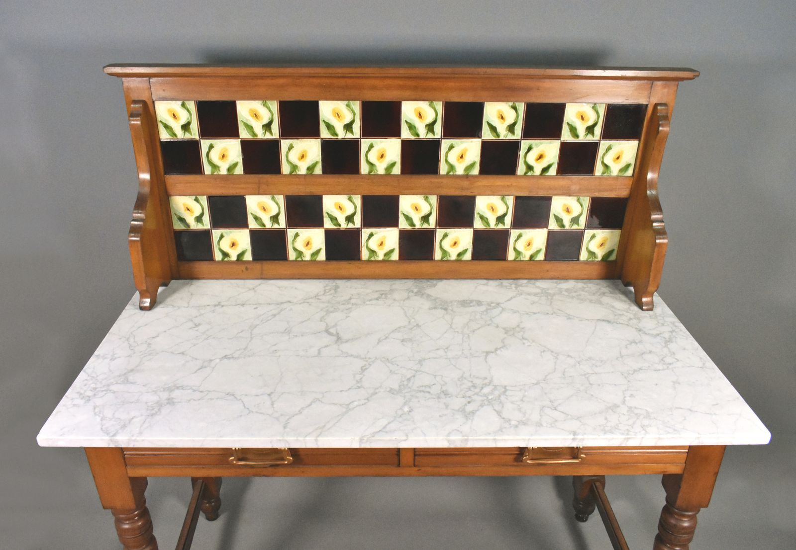 English Edwardian Tile Back Marble Top Washstand In Birch photo 731.25