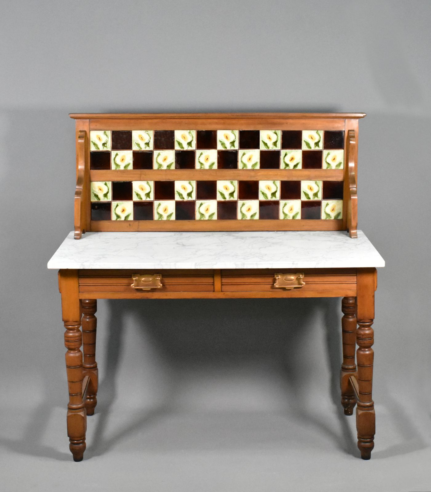 English Edwardian Tile Back Marble Top Washstand In Birch