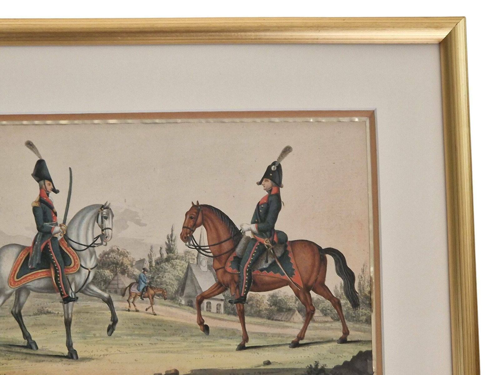 Antique Military Equestrian Gouache Painting, Soldiers In Uniform And Horse Art photo vintage