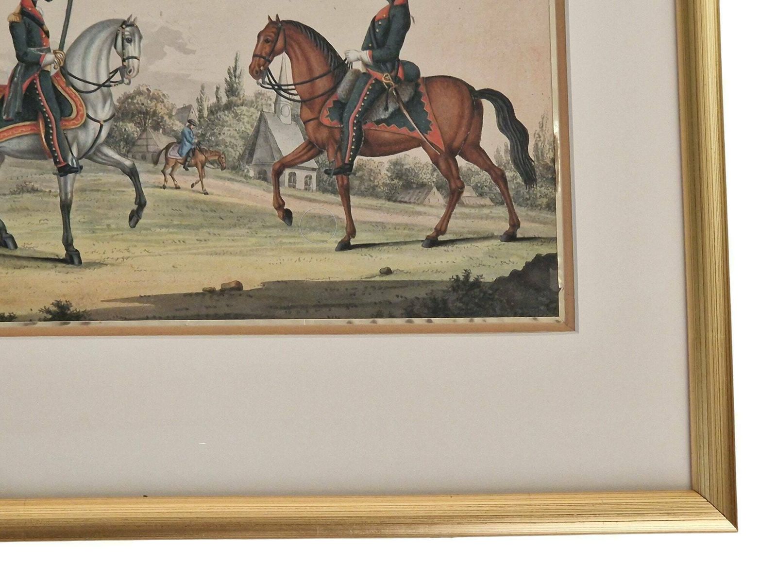 photo furniture Antique Military Equestrian Gouache Painting, Soldiers In Uniform And Horse Art