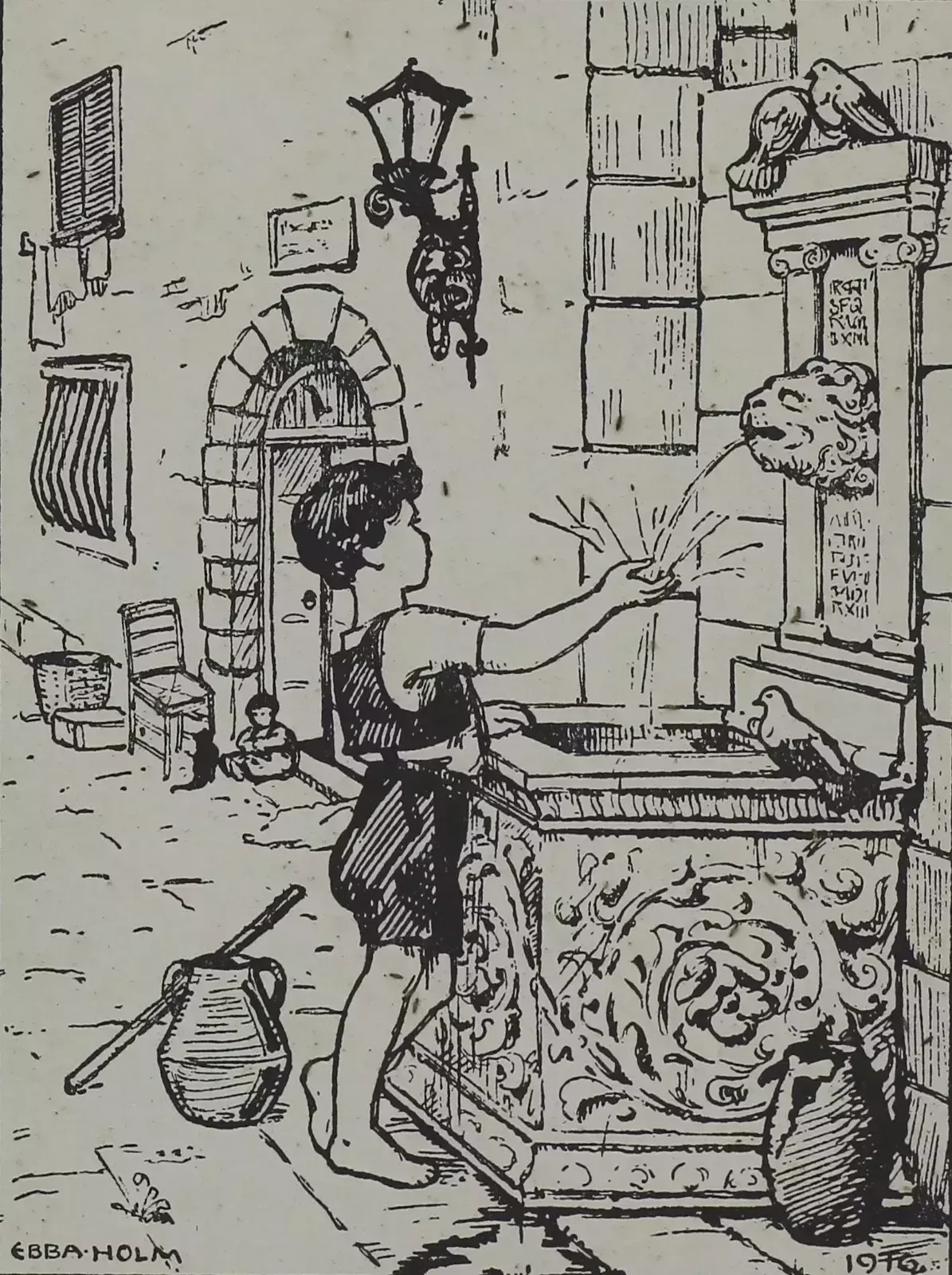 Woodcut Engraving By Ebba Holm. Boy At Water Fountain photo furniture