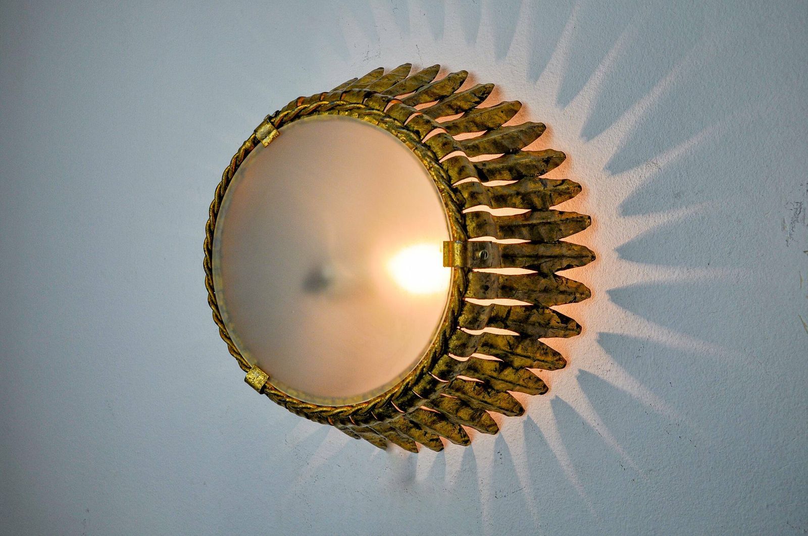 Sun Wall Lamp By Ferro Arte, Metal And Gold Leaf, Spain, 1960 photo for sale