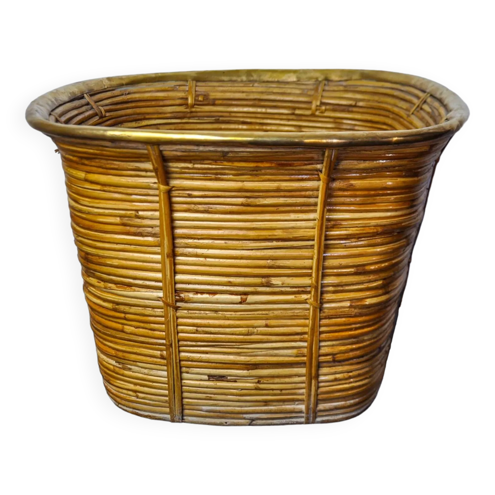 Xl Basket In Rattan And Brass, Italy, 1970, 44cm Diam