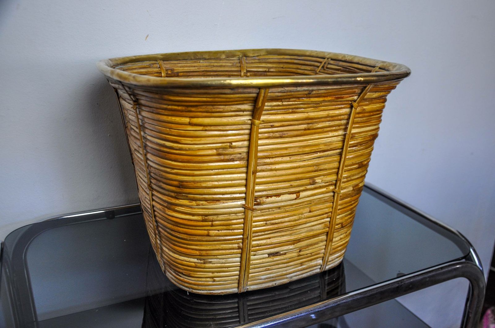 Xl Basket In Rattan And Brass, Italy, 1970, 44cm Diam photo for sale