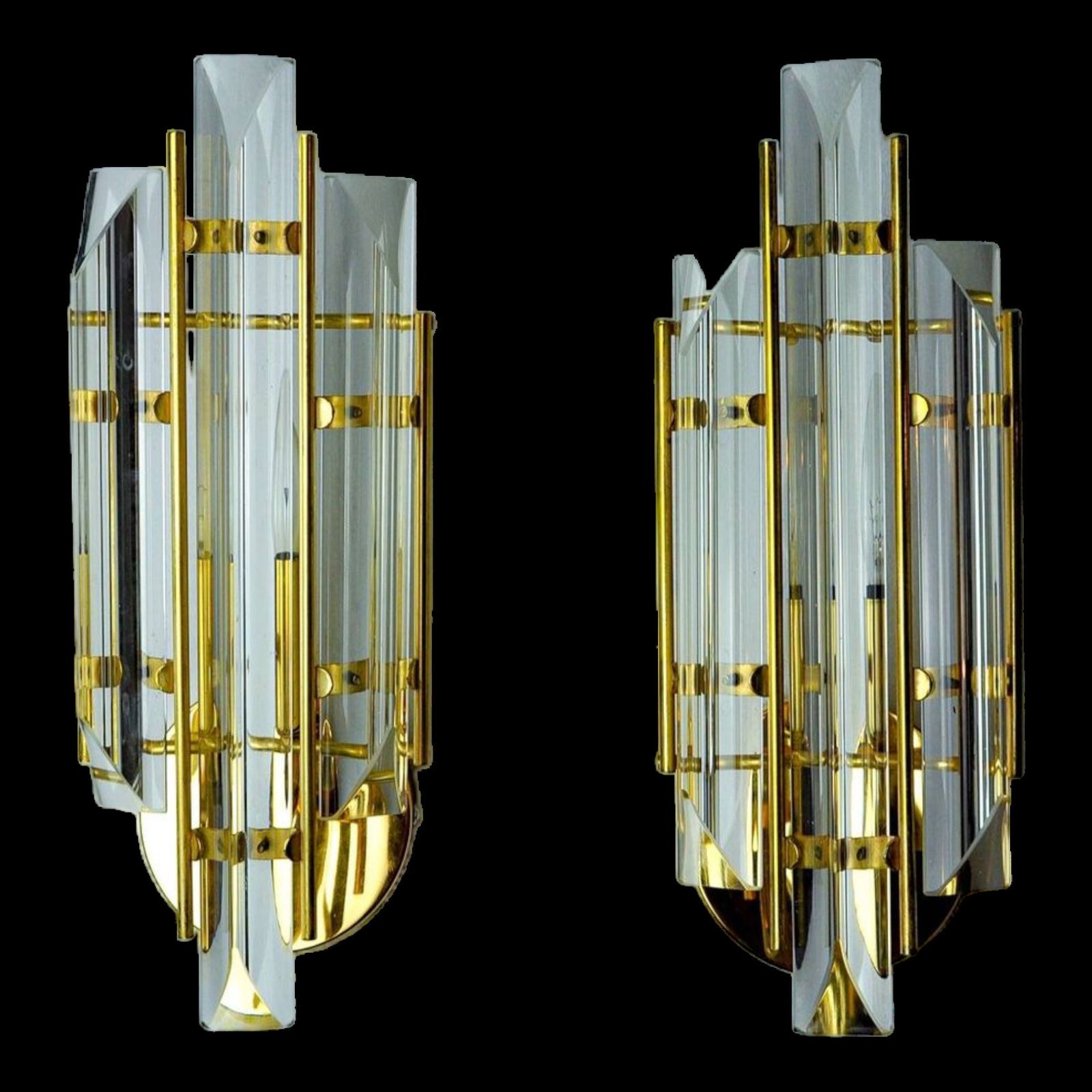 Pair Of Venini Wall Lights, Triedri Glass, Murano, Italy 1970