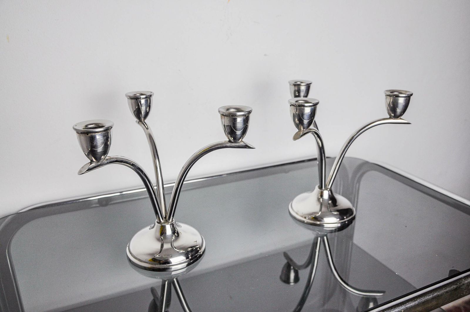 Pair Of Art Deco Stainless Steel 3 Flame Candle Holders, Spain, 1970 photo vinterior
