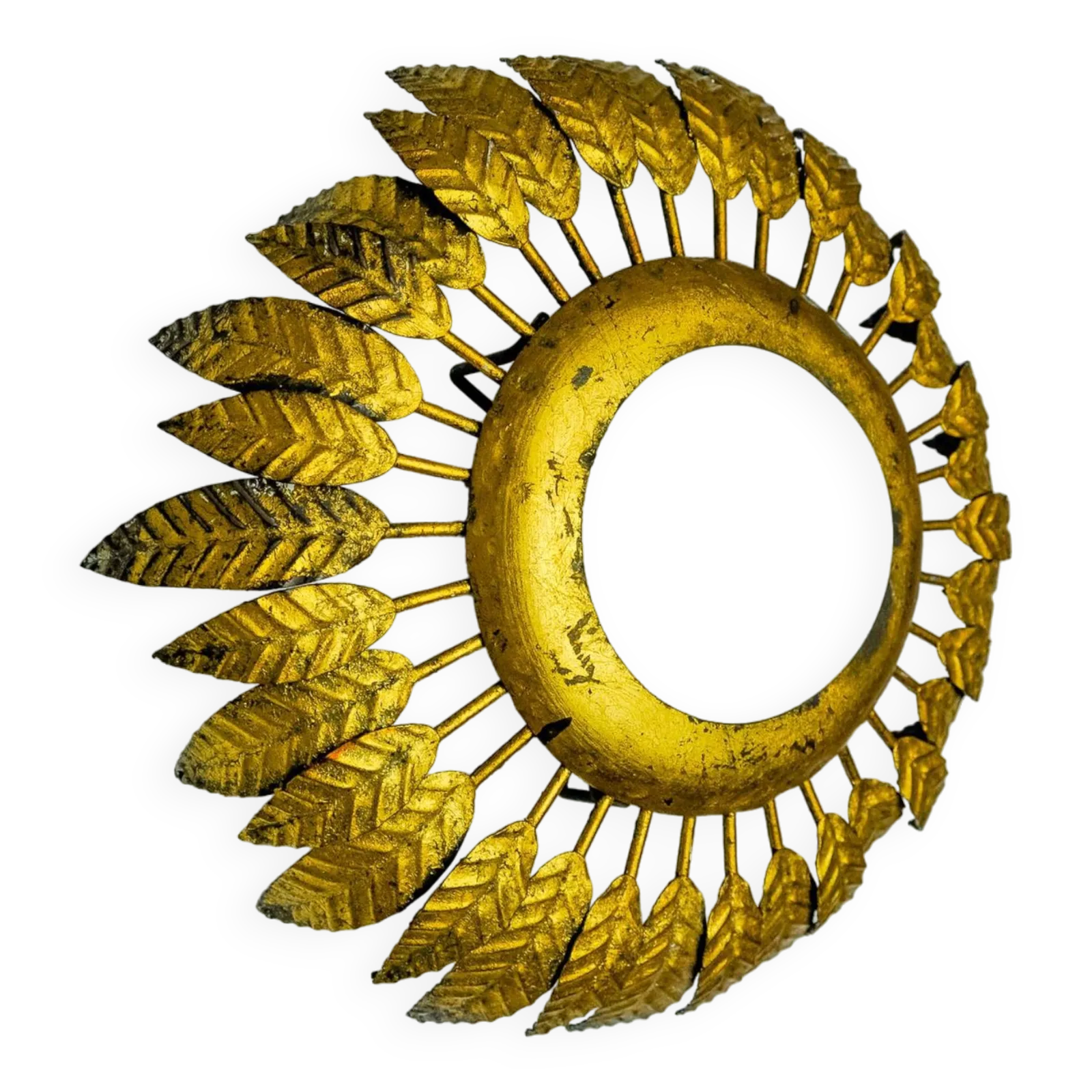 Sun Wall Lamp By Ferro Arte In Metal, Gold Leaf And Opaline Glass, Spain, 1960 photo vintage