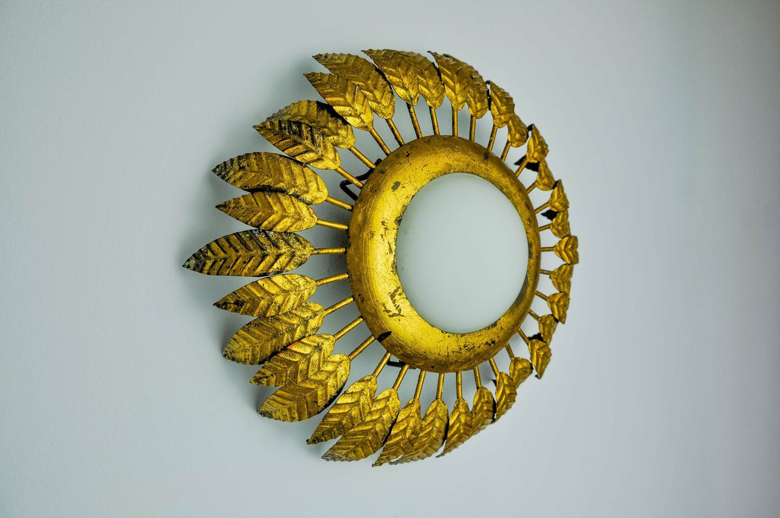 photo furniture Sun Wall Lamp By Ferro Arte In Metal, Gold Leaf And Opaline Glass, Spain, 1960
